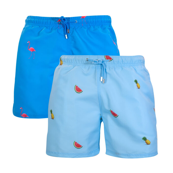 Flamingo watermelon pineapple swim shorts blue lagoon