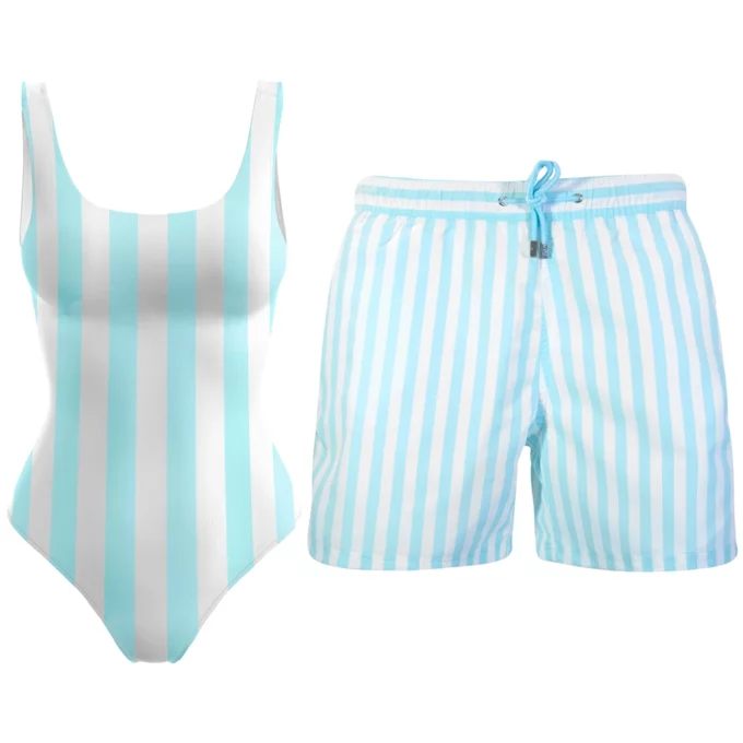 Matching blue striped swim trunks swimsuit
