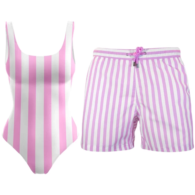 Matching pink striped swim trunks swimsuit