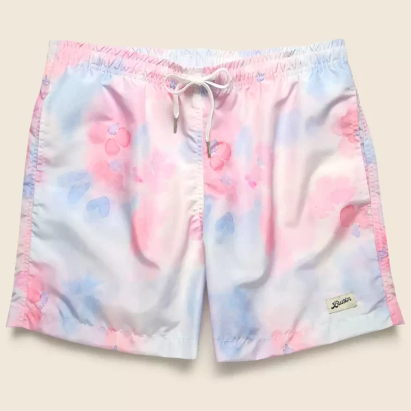 Pink tie dye swim trunks