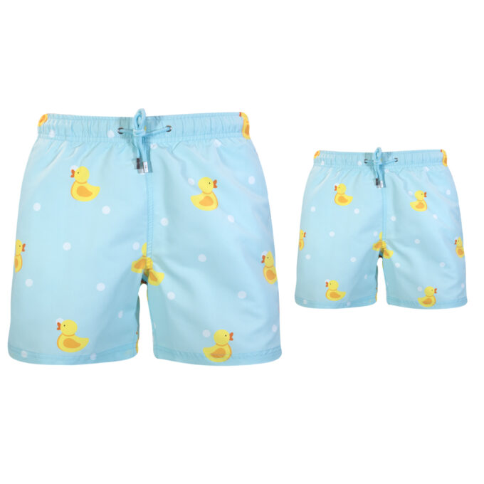 Father and son ducks swim trunks