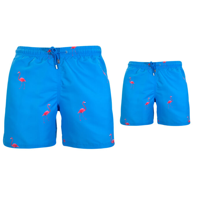 Father and son flamingo swim trunks