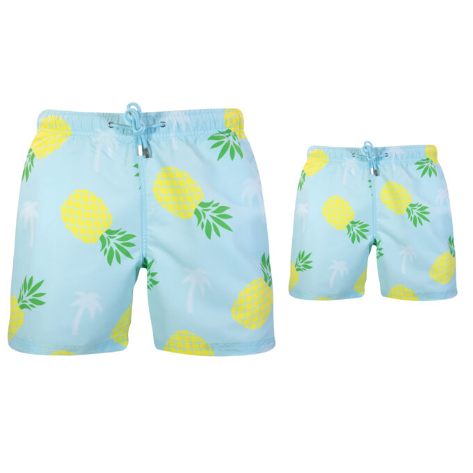 Father and son pineapple palm mint swim trunks
