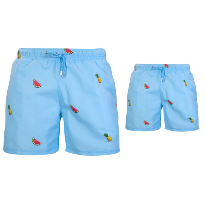 Father and son pineapple watermelon swim trunks