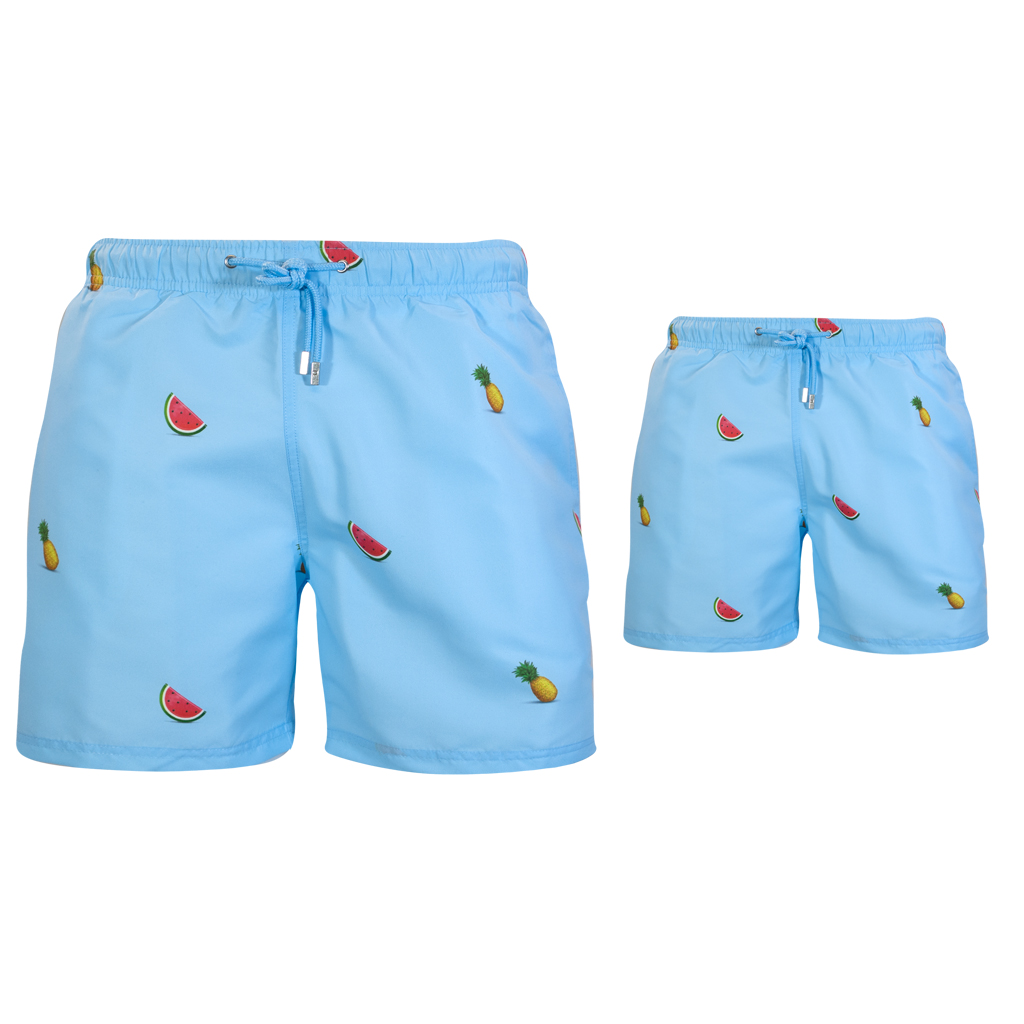 Father and son pineapple watermelon swim trunks