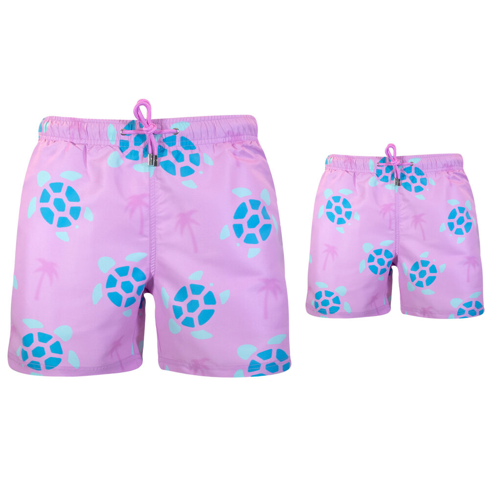 Father and son turtle palm swim trunks